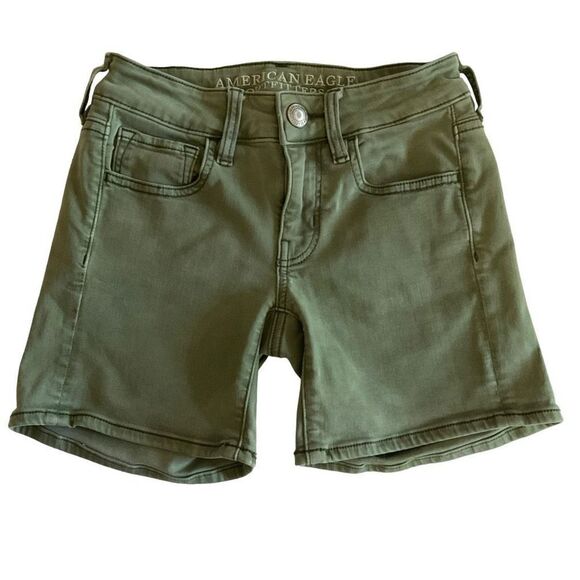 American Eagle Shorts Midi Super Stretch Twill Army Green Button Zip Closure 00 - Picture 1 of 8